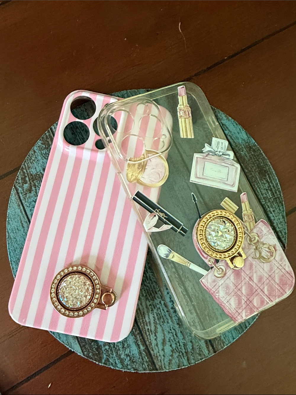 (2) Stylish Pink Striped & Clear Cosmetic Print Phone Case with Gold Ring Holde